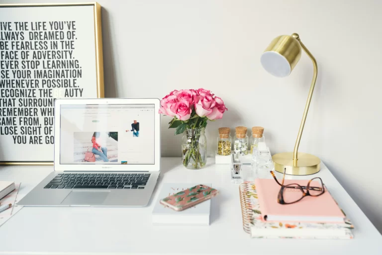 Work desk with pink flowers